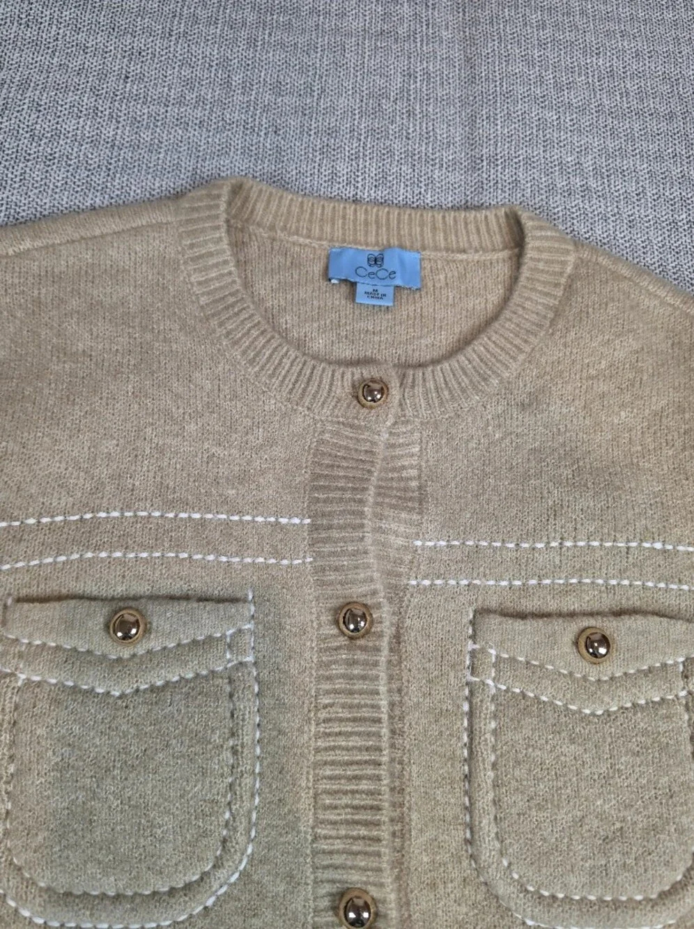 CeCe Classic Cream Button-Front Pocket Sweater